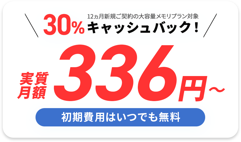 実質月額336円～30%キャッシュバックキャンペーン！ 8月20日(木)17:00まで