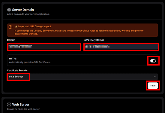 Dokploy Web Server設定画面